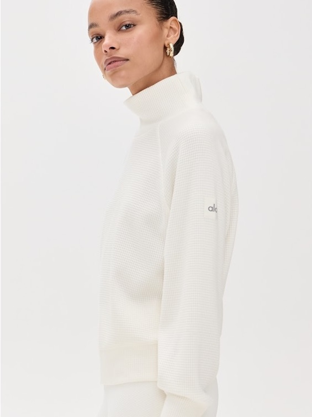 ALO Yoga Grey/Off-White Waffle-Knit Cowl Neck Sweater Medium Activewear